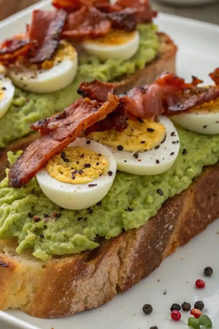Avocado toast topped with creamy mashed avocado, sliced hard-boiled eggs, and crispy bacon strips on rustic bread.