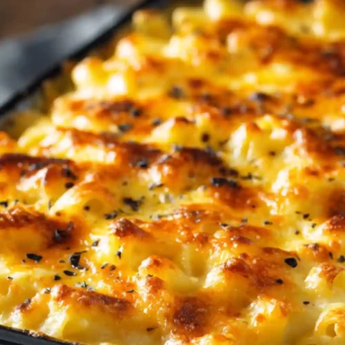 Golden baked mac and cheese in a black baking dish with a bubbly, crispy cheese topping.