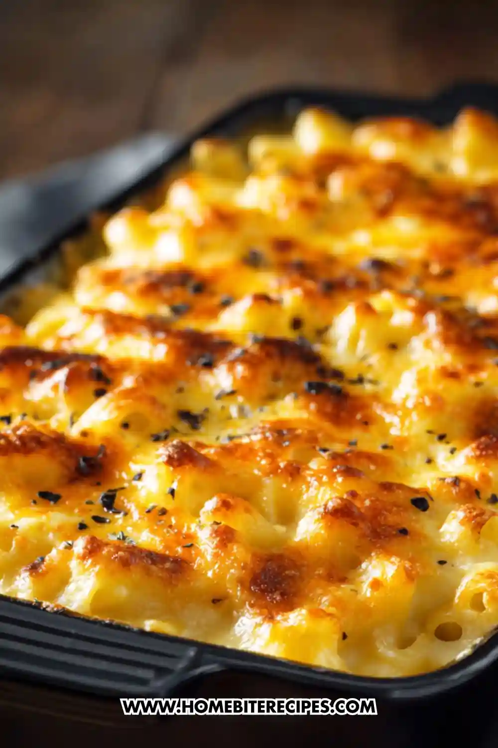 Golden baked mac and cheese in a black baking dish with a bubbly, crispy cheese topping.