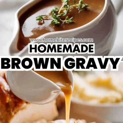Homemade brown gravy in a white gravy boat, garnished with fresh thyme, being poured over slices of roasted meat.