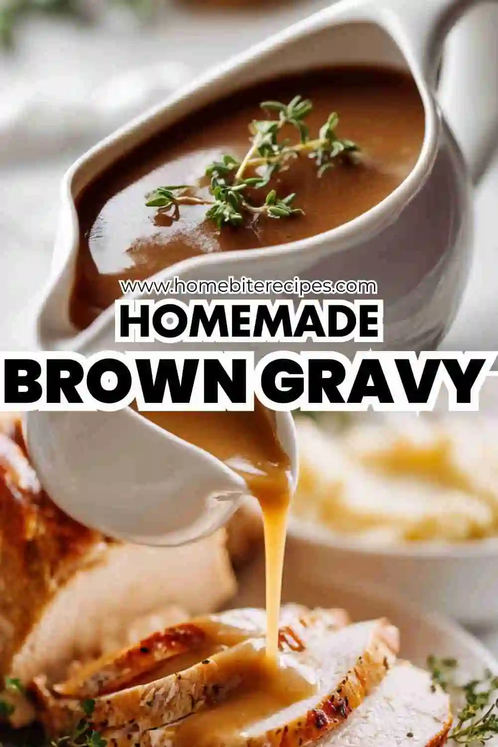 Homemade brown gravy in a white gravy boat, garnished with fresh thyme, being poured over slices of roasted meat.