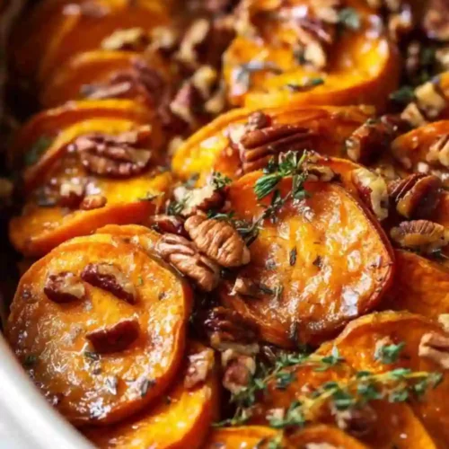 Candied sweet potatoes topped with pecans and fresh herbs, baked to a golden caramelized finish in a white dish.