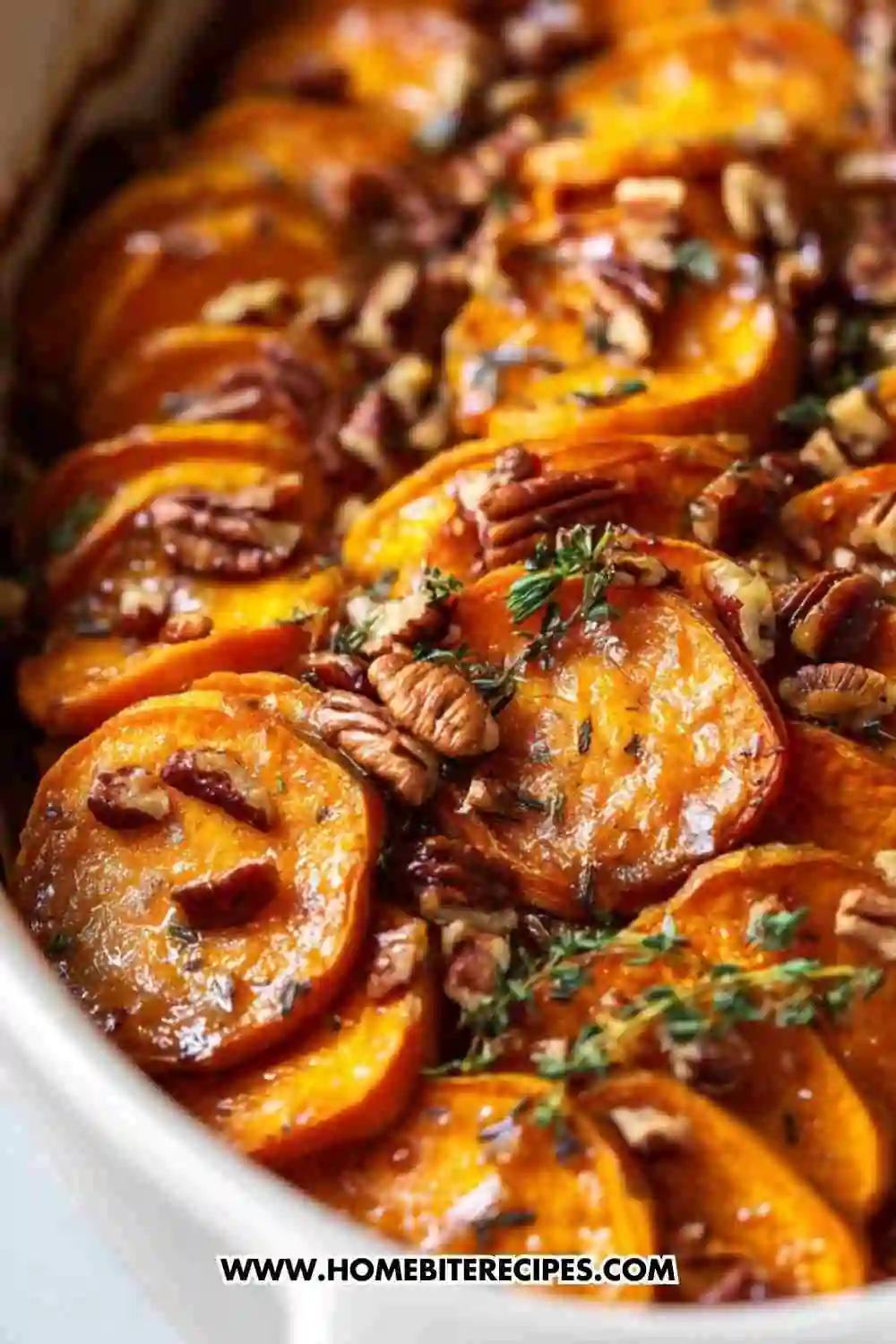 Candied sweet potatoes topped with pecans and fresh herbs, baked to a golden caramelized finish in a white dish.