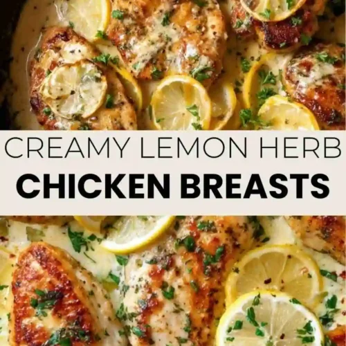 Golden seared chicken breasts in a creamy lemon herb sauce, garnished with fresh parsley and lemon slices.
