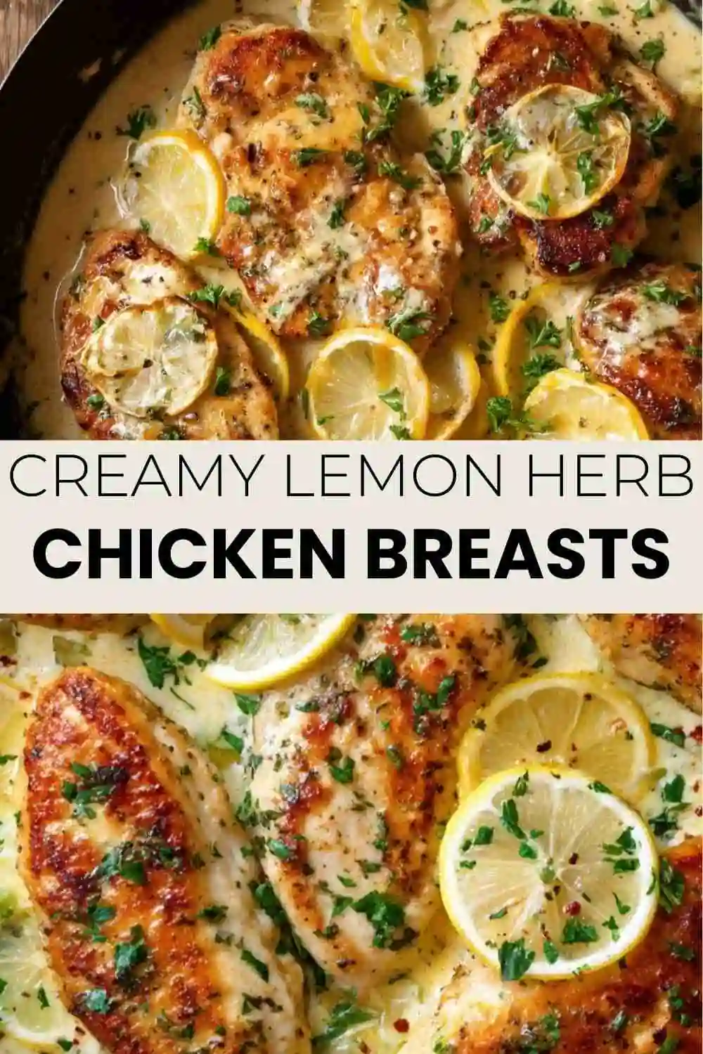 Golden seared chicken breasts in a creamy lemon herb sauce, garnished with fresh parsley and lemon slices.