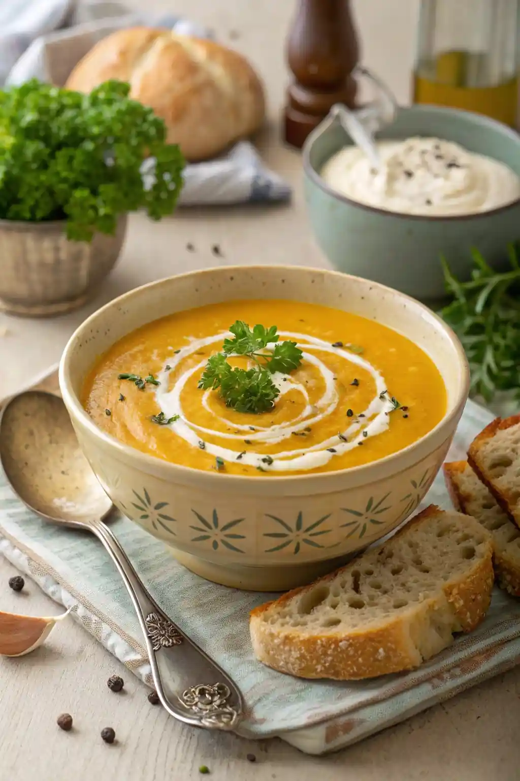 A bowl of creamy orange-colored herb potato soup topped with fresh parsley and swirls of cream