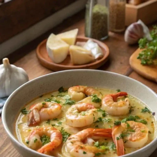 Garlic butter shrimp served in a creamy garlic sauce, garnished with fresh parsley in a white bowl.