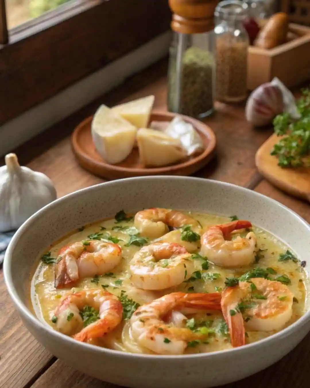 Garlic butter shrimp served in a creamy garlic sauce, garnished with fresh parsley in a white bowl.