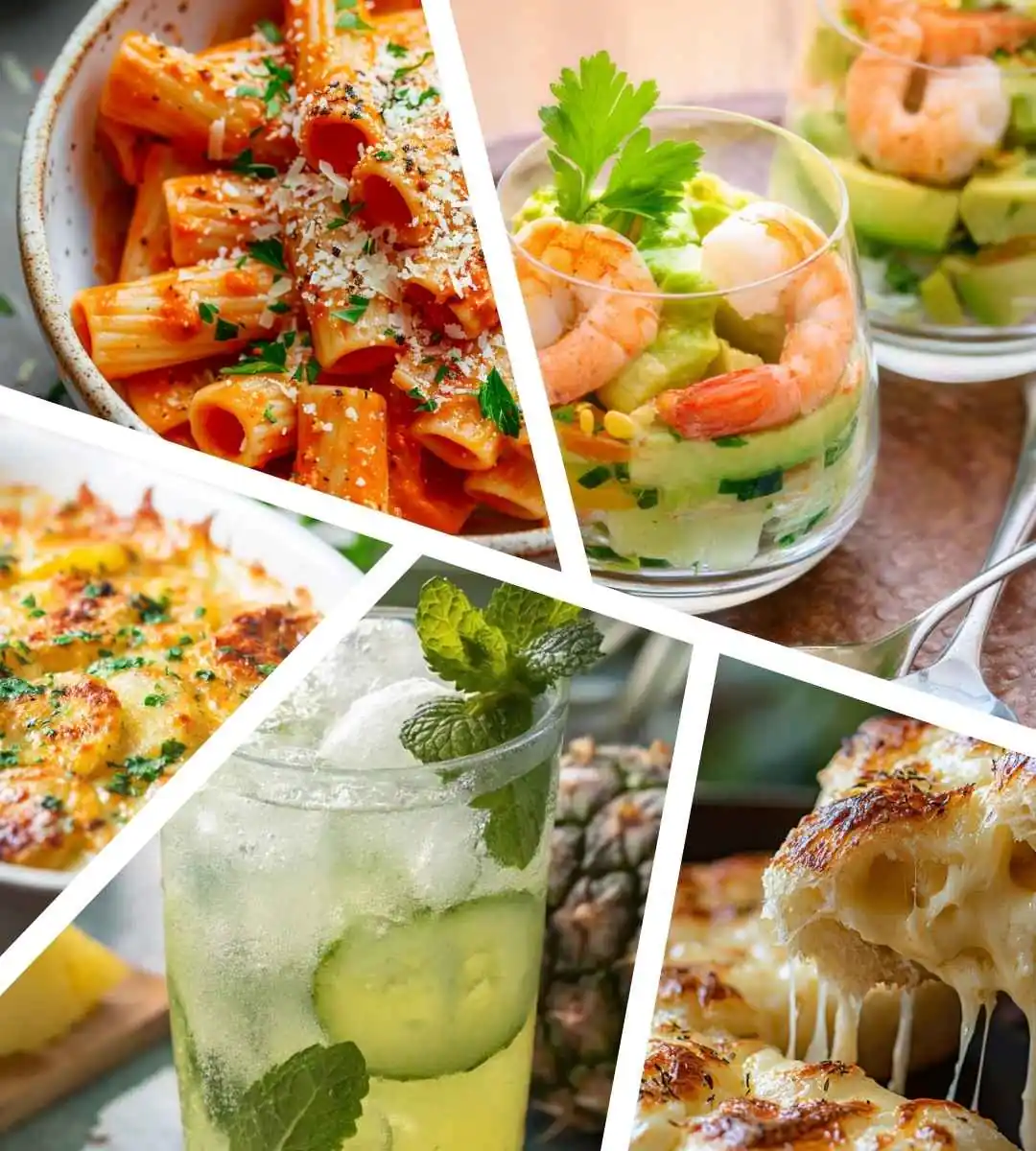 Collage of delicious homemade recipes including creamy pasta, shrimp avocado cups, baked casserole, refreshing cucumber mint drink, and cheesy bread.