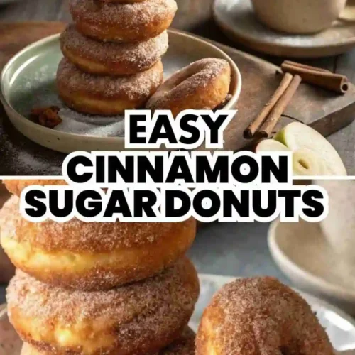 Stack of homemade cinnamon sugar donuts on a plate, coated in a sweet cinnamon-sugar mixture, served with coffee and fresh apples in the background.