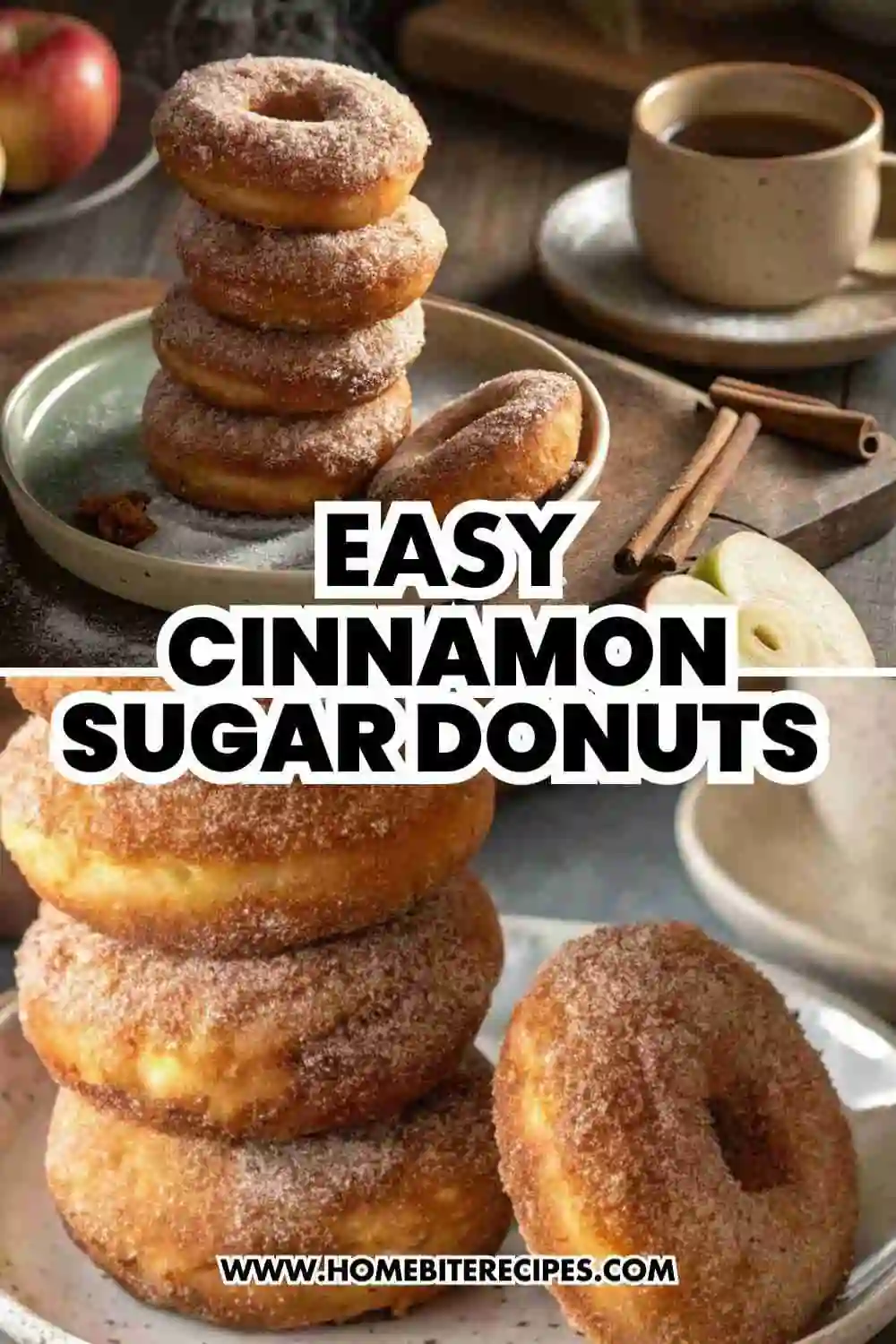 Stack of homemade cinnamon sugar donuts on a plate, coated in a sweet cinnamon-sugar mixture, served with coffee and fresh apples in the background.