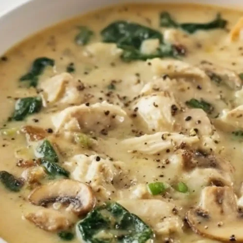 Creamy rotisserie chicken mushroom soup with spinach, served in a white bowl and seasoned with black pepper.