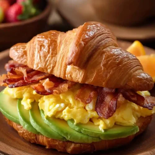 Savory Croissant Breakfast Sandwich filled with scrambled eggs, crispy bacon, and fresh avocado slices, served on a wooden plate with fruit and coffee in the background.