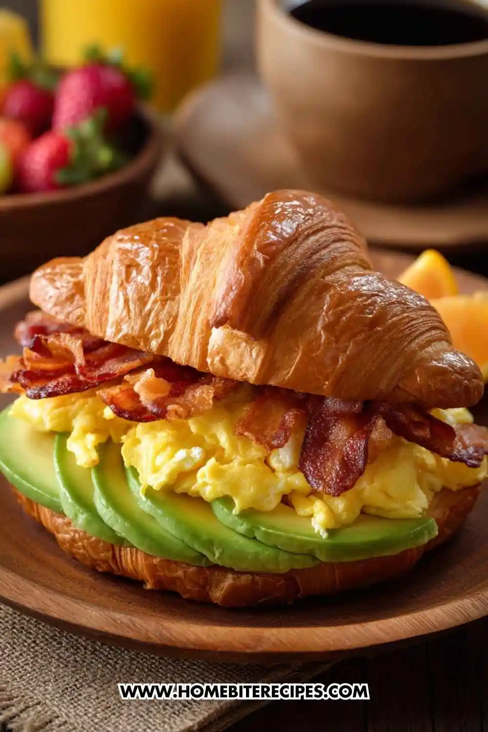 Savory Croissant Breakfast Sandwich  filled with scrambled eggs, crispy bacon, and fresh avocado slices, served on a wooden plate with fruit and coffee in the background.
