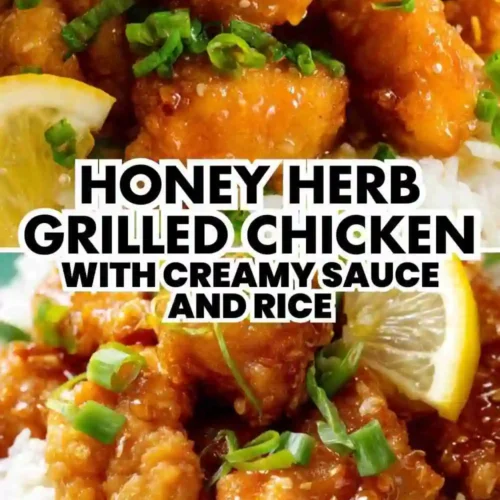 Close-up of honey herb grilled chicken bites glazed with creamy sauce, garnished with green onions and lemon slices, served over fluffy white rice.