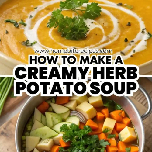 A bowl of creamy orange-colored herb potato soup topped with fresh parsley and swirls of cream, alongside a pot filled with chopped raw vegetables like potatoes, carrots, and herbs ready to be cooked.