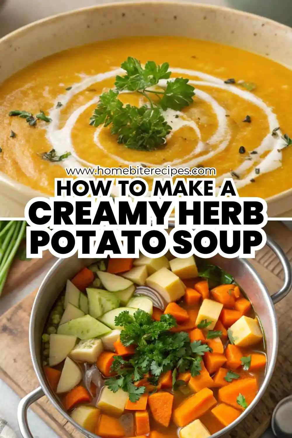 A bowl of creamy orange-colored herb potato soup topped with fresh parsley and swirls of cream, alongside a pot filled with chopped raw vegetables like potatoes, carrots, and herbs ready to be cooked.
