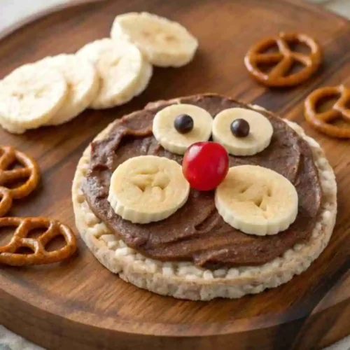 Bear face rice cake snack made with chocolate spread, banana slices, pretzels, and a cherry nose on a wooden board.