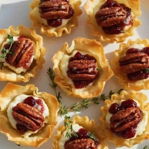 Candied pecan and cranberry brie bites in crispy phyllo cups with fresh thyme.