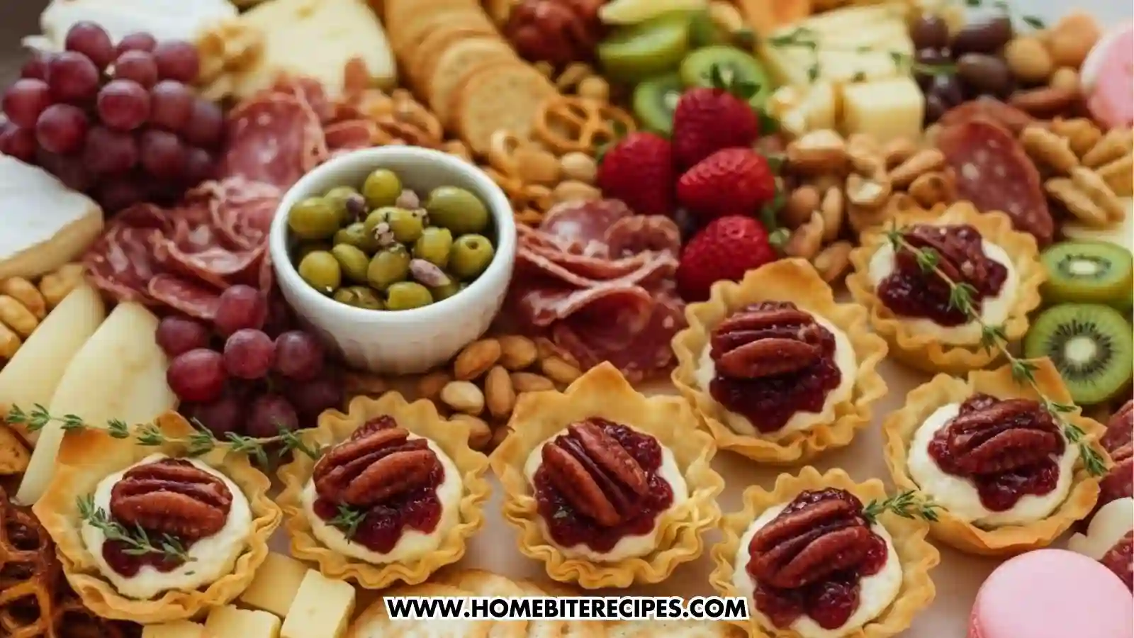 Candied Pecan & Cranberry Brie Bites served with a charcuterie board composed by strawberries, olives, kiwi, grappes, crakers and charcuterie
