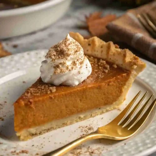 Slice of Classic Homemade Pumpkin Pie with whipped cream and cinnamon on top, served on a white plate with a gold fork.