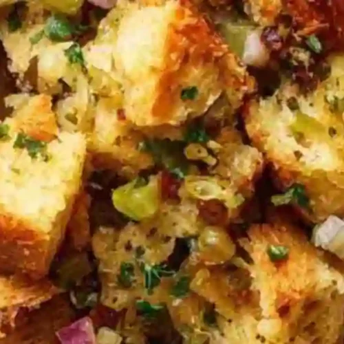 close-up Classic Thanksgiving stuffing made with golden toasted bread cubes, celery, onions, and fresh herbs in a white baking dish.