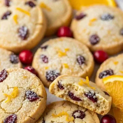 Cranberry orange shortbread cookies with fresh cranberries and orange zest.