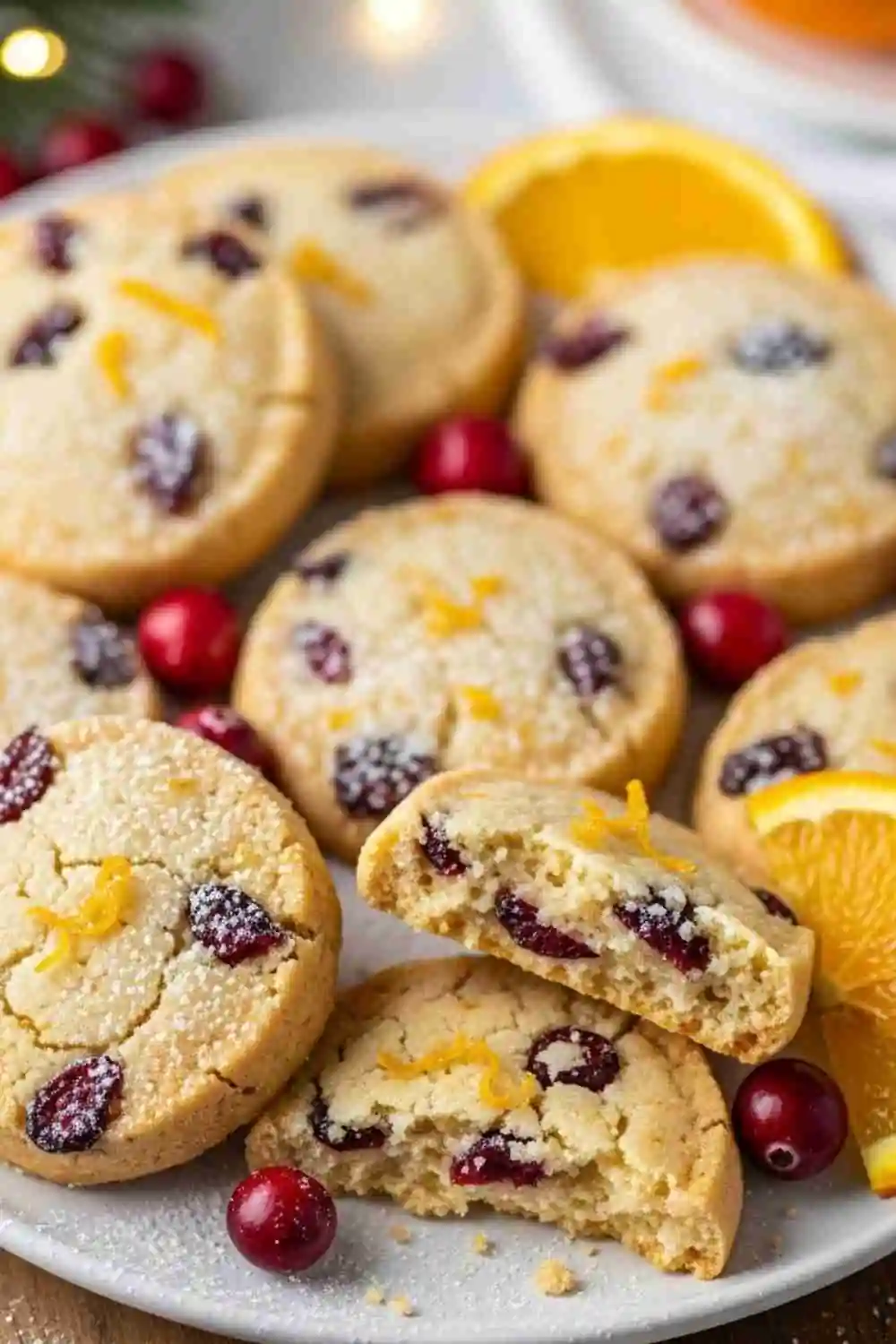 Cranberry orange shortbread cookies with fresh cranberries and orange zest.