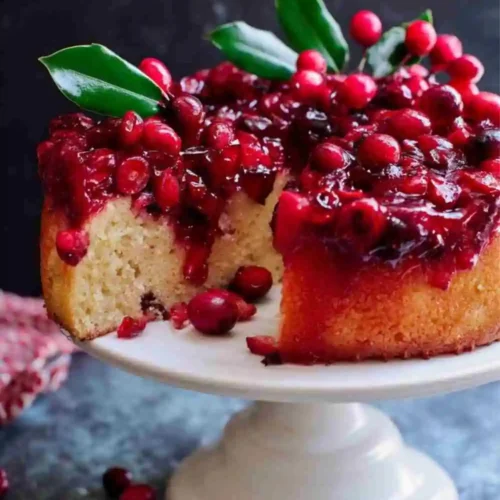 Moist cranberry upside-down cake topped with glossy caramelized cranberries on a white cake stand.