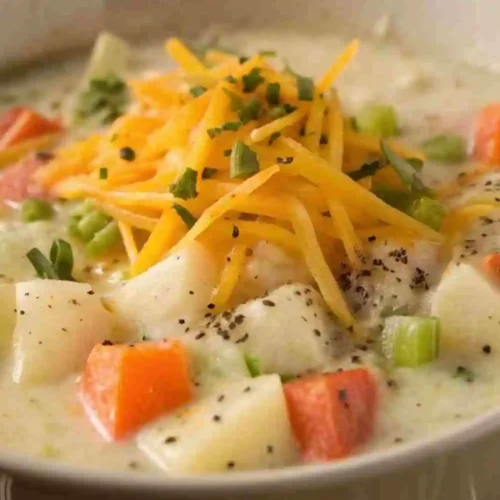 Bowl of creamy cheddar potato soup topped with shredded cheese, diced carrots, celery, potatoes, and a sprinkle of fresh herbs.