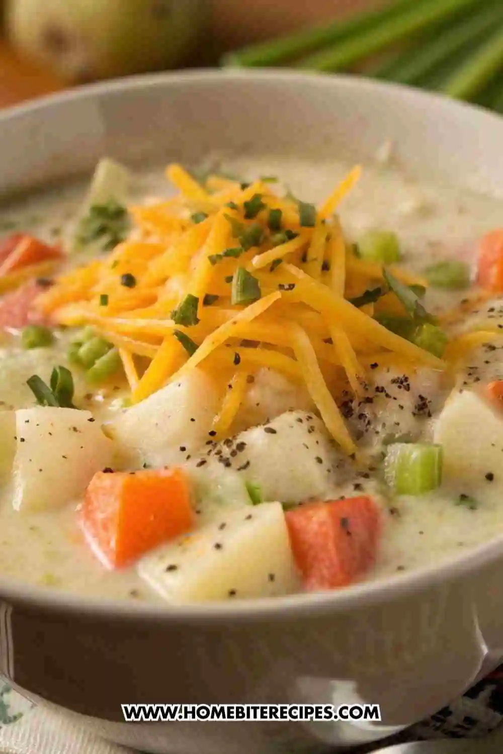 Bowl of creamy cheddar potato soup topped with shredded cheese, diced carrots, celery, potatoes, and a sprinkle of fresh herbs.