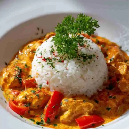 Bowl of creamy chicken curry with red bell peppers and steamed jasmine rice garnished with fresh parsley on a white plate.