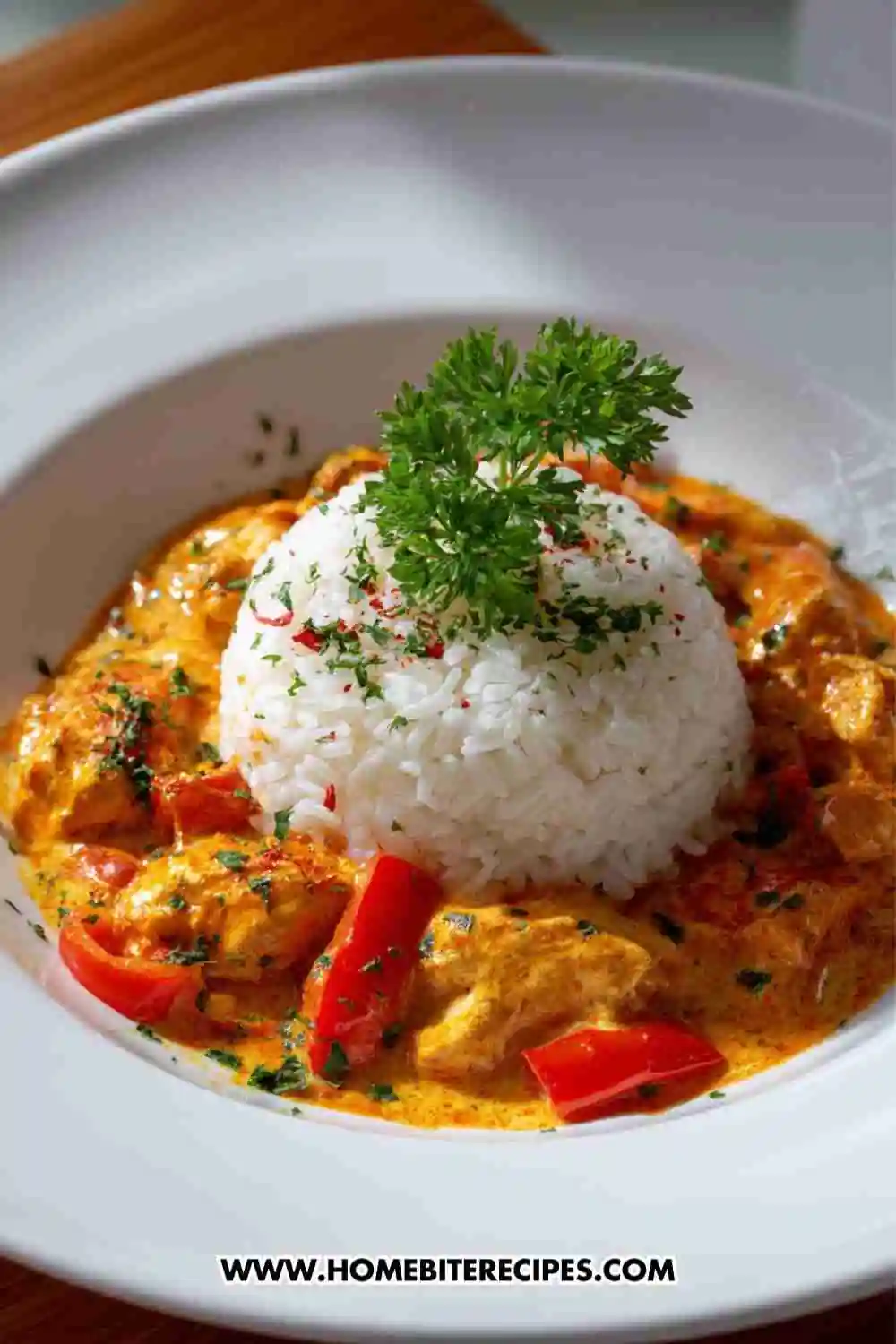 Bowl of creamy chicken curry with red bell peppers and steamed jasmine rice garnished with fresh parsley on a white plate.