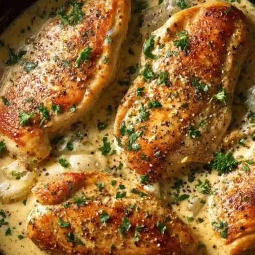 Golden-seared chicken breasts in a creamy garlic parmesan sauce, garnished with fresh parsley in a skillet.