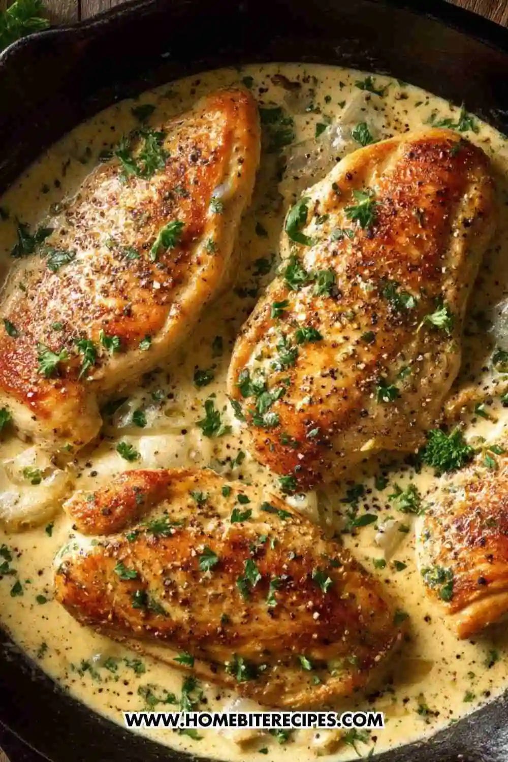 Golden-seared chicken breasts in a creamy garlic parmesan sauce, garnished with fresh parsley in a skillet.