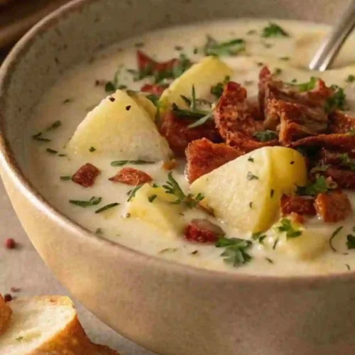 Creamy loaded potato soup topped with crispy bacon pieces, fresh herbs, and chunks of potato, served in a rustic bowl with sliced bread on the side.
