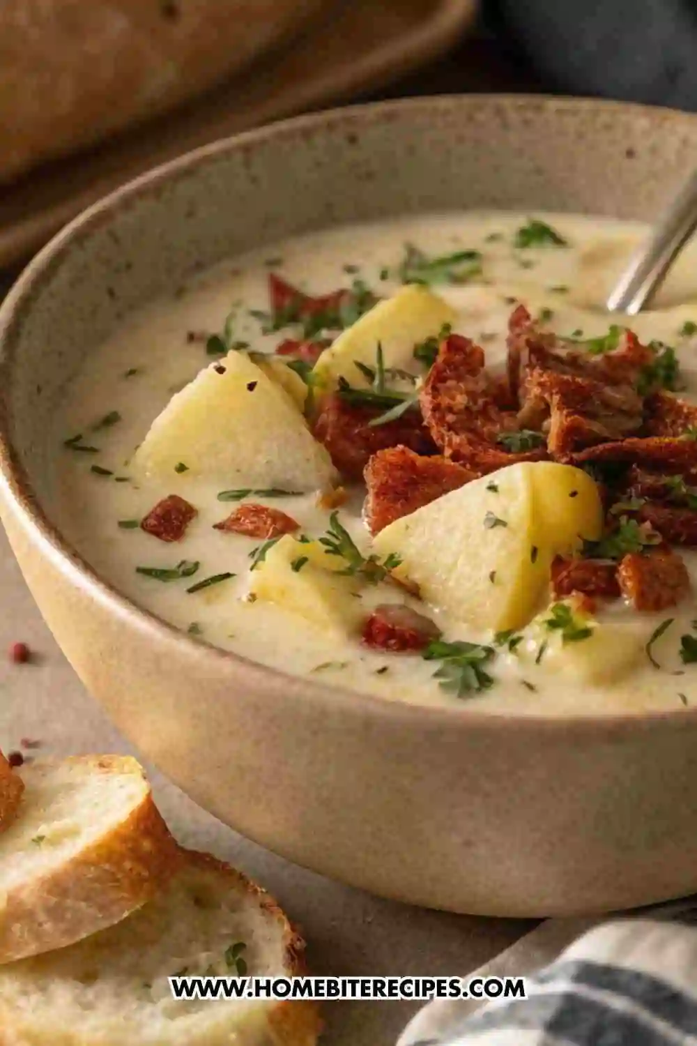 Creamy loaded potato soup topped with crispy bacon pieces, fresh herbs, and chunks of potato, served in a rustic bowl with sliced bread on the side.