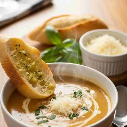 Creamy parmesan tuscano soup served with garlic bread and fresh herbs.