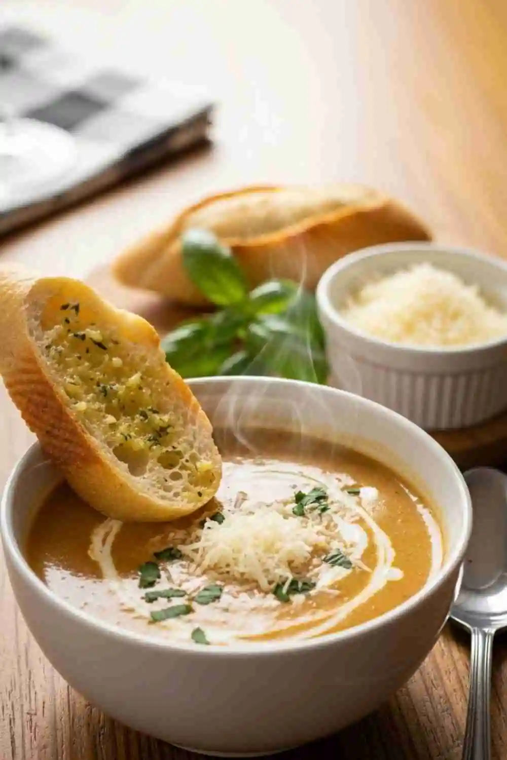 Creamy parmesan tuscano soup served with garlic bread and fresh herbs.