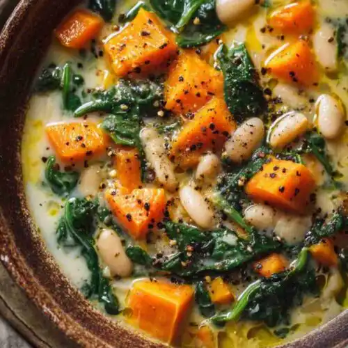 A bowl of creamy pumpkin soup with white beans, spinach, and black pepper, drizzled with olive oil — a cozy vegan and gluten-free fall meal.