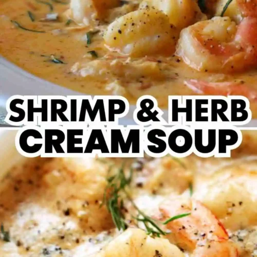 A warm bowl of creamy shrimp and herb soup with juicy shrimp, fresh herbs, and black pepper in a rich golden broth.