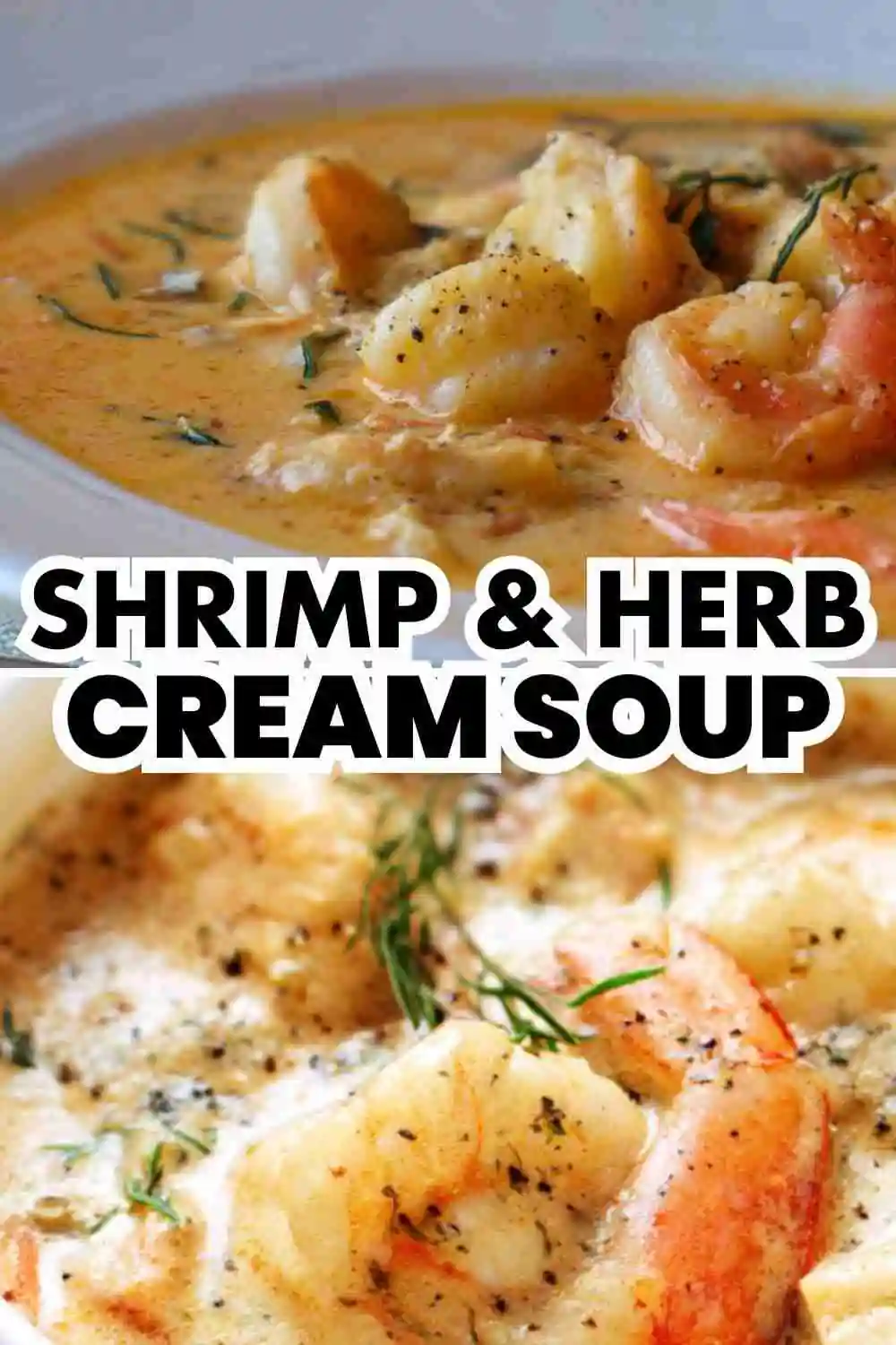 A warm bowl of creamy shrimp and herb soup with juicy shrimp, fresh herbs, and black pepper in a rich golden broth.