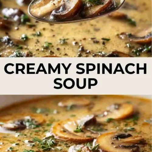 Bowl of creamy spinach and mushroom soup topped with fresh thyme and black pepper, featuring sautéed mushrooms in a silky broth.