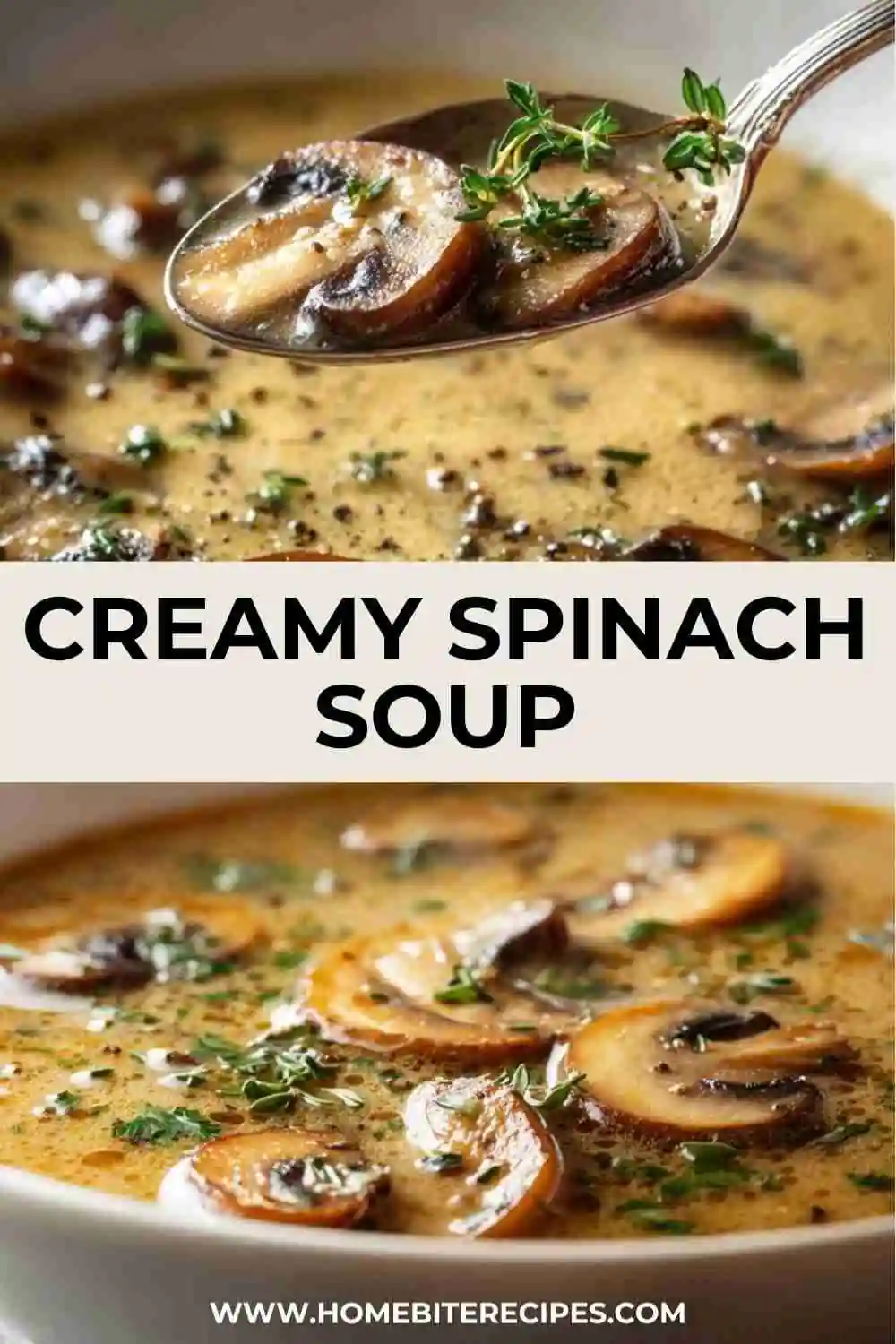 Bowl of creamy spinach and mushroom soup topped with fresh thyme and black pepper, featuring sautéed mushrooms in a silky broth.