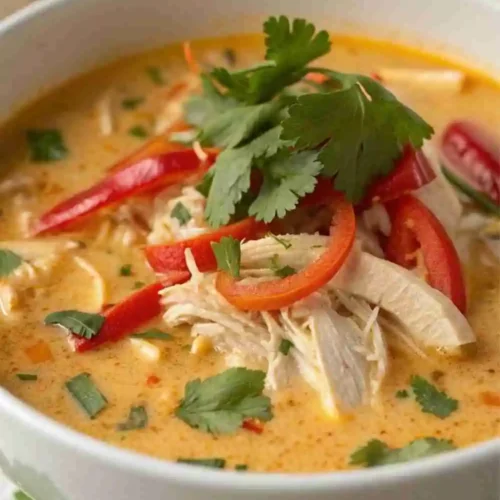 A bowl of creamy Thai coconut chicken soup topped with red peppers, cilantro, and shredded chicken in a rich coconut broth.