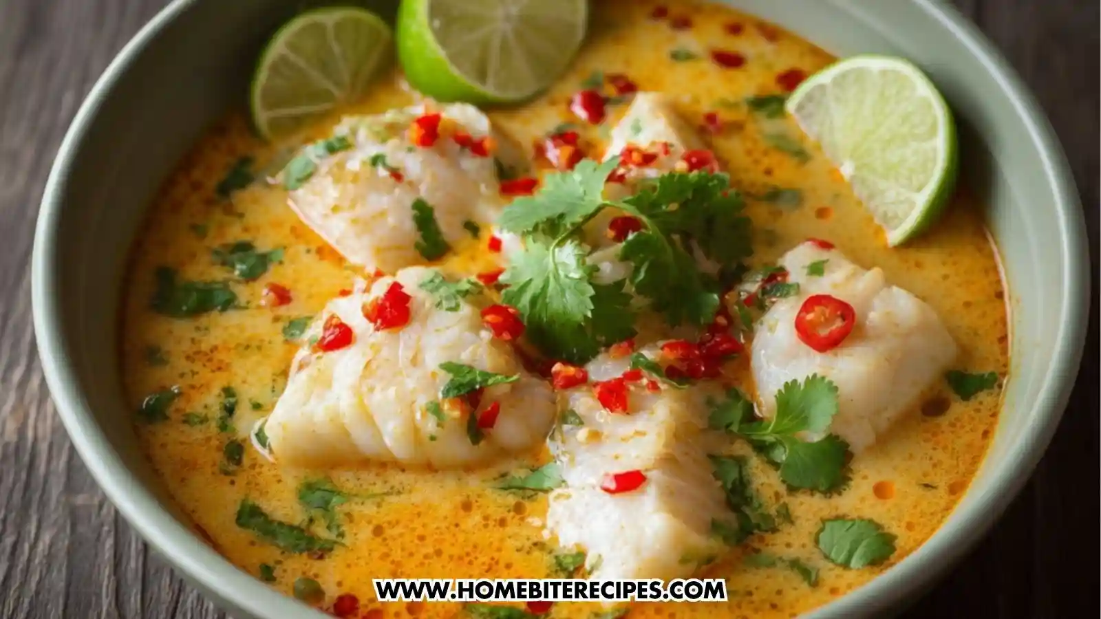A bowl of Creamy Thai Coconut Fish Soup with tender white fish, fresh cilantro, chopped red chili, and lime slices in a creamy orange broth.