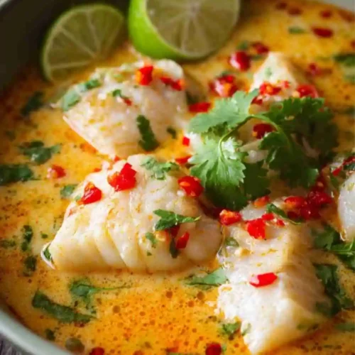 A bowl of Thai coconut fish soup with tender white fish, fresh cilantro, chopped red chili, and lime slices in a creamy orange broth.