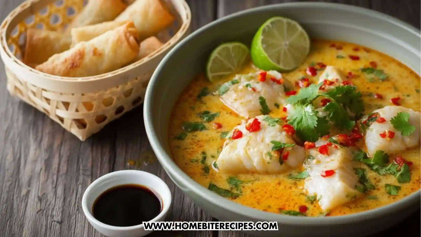 A bowl of Creamy Thai Coconut Fish Soup with tender white fish, fresh cilantro, chopped red chili, and lime slices in a creamy orange broth, served with a small basket of crispy baked spring rolls and a small bowl of soya sauce