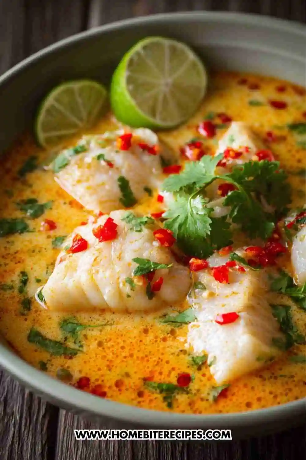 A bowl of Thai coconut fish soup with tender white fish, fresh cilantro, chopped red chili, and lime slices in a creamy orange broth.