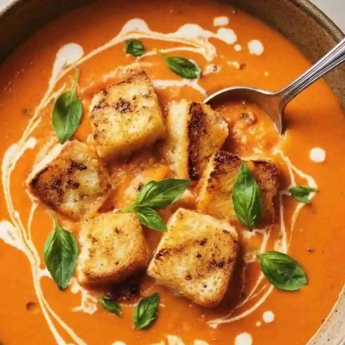 Creamy tomato bisque topped with grilled cheese croutons and fresh basil.
